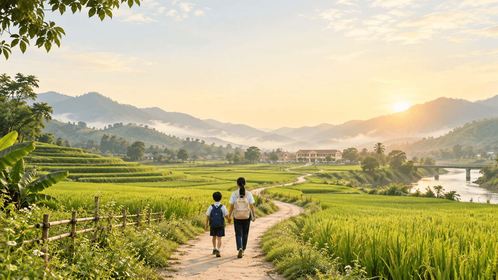 Hai học sinh đi giữa cánh đồng xanh hướng về trường trong ánh bình minh